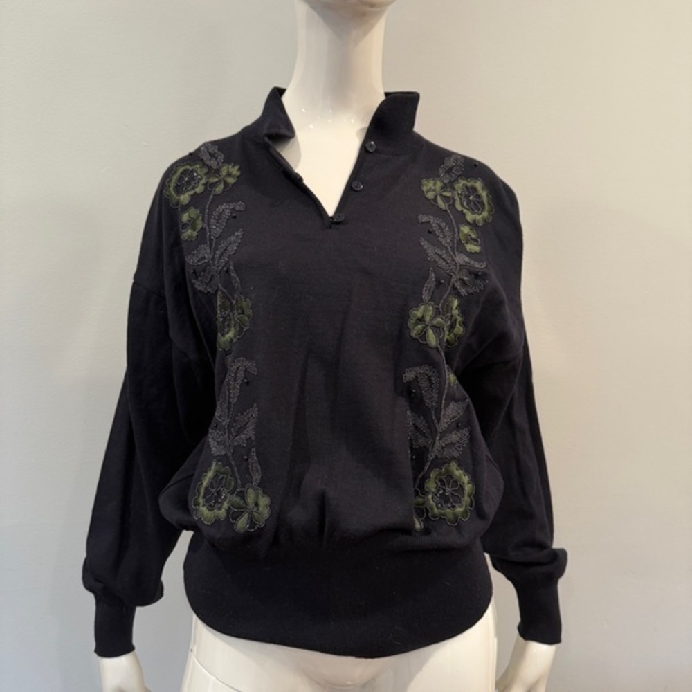 Escada by Margaretha Ley Wool Embroidered Floral Collared Sweater - Picture 1 of 8